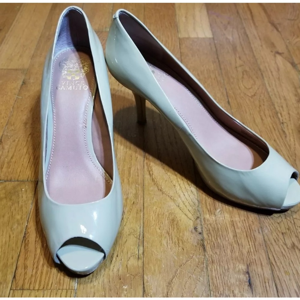 Vince Camuto Beige Patent Leather Peep Toe  Pump